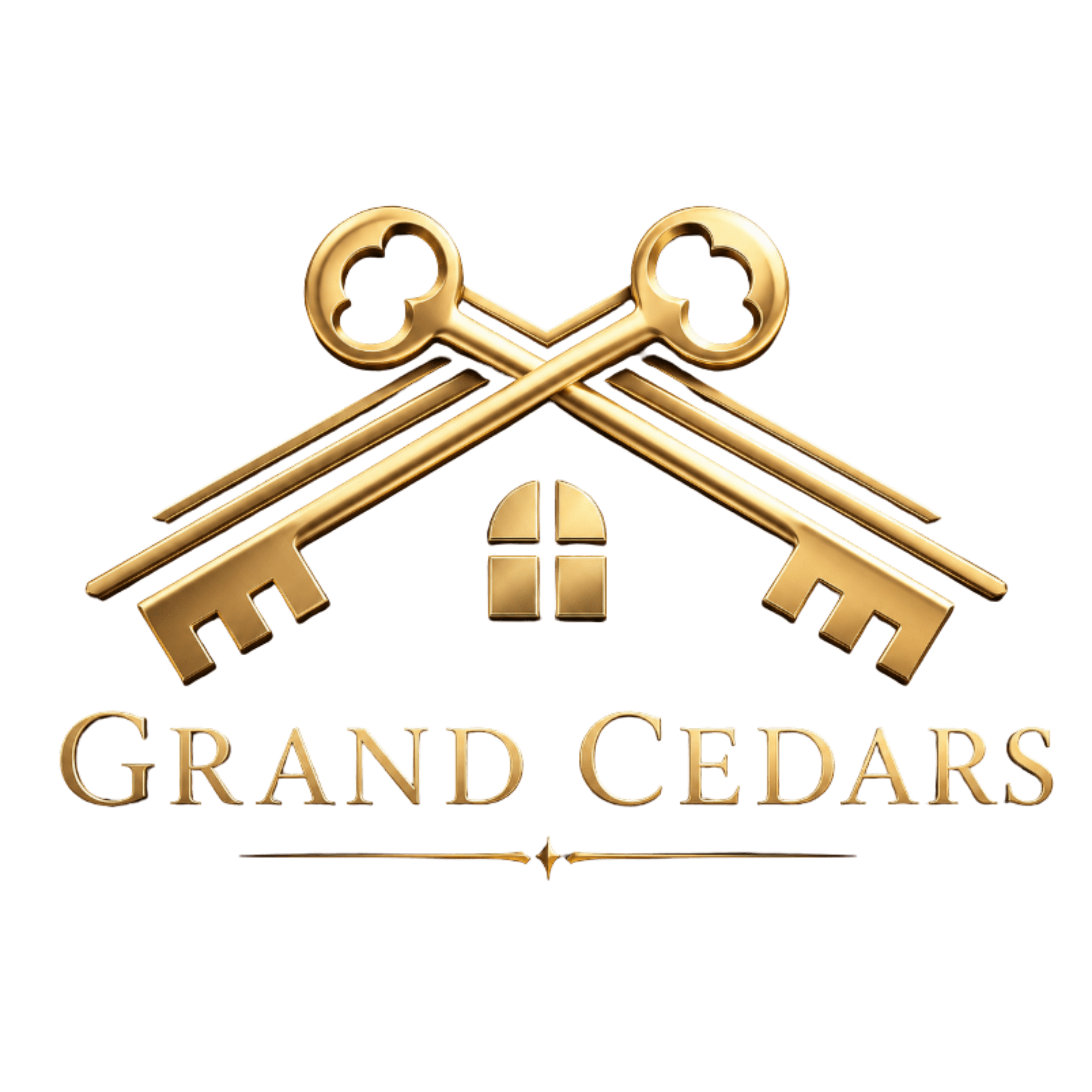 Two golden keys crossed over each other with a house keyhole in the middle and the words "Grand Cedars" below.